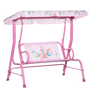 Outsunny 2-Seat Kids Swing Chair, Children Outdoor Patio Lounge Chair with Canopy, for Garden Porch, with Adjustable Awning, Seat Belt, Mermaid Pattern, for 3-6 years old, Pink