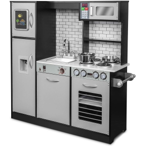 Jumbl Pretend Wooden Play Kitchen Toy Set, Realistic Design with Interactive Battery Operated Sound Elements, Microwave, Ice Machine, Chalkboard, Stovetop, Fridge, Oven, Sink & Accessories Included