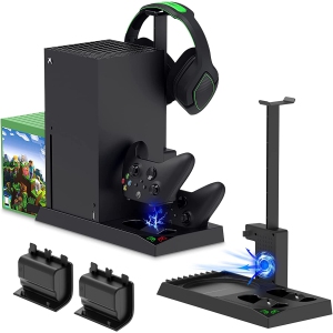 Vertical Stand for Xbox Series X/S with Cooling Fan, Charging Station Compatible with Xbox Series X/S with Controller Charger Dock and Game Rack Storage Organizer 3 USB Ports