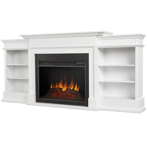 Bowery Hill Modern Glass Contemporary Electric Wood Fireplace TV Stand in White