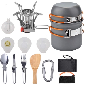 NIERBO 16 Pcs Camping Cookware Stove Carabiner Folding Spork Set Outdoor Camping Hiking Backpacking Non-Stick Cooking Picnic Knife Spoon Kit