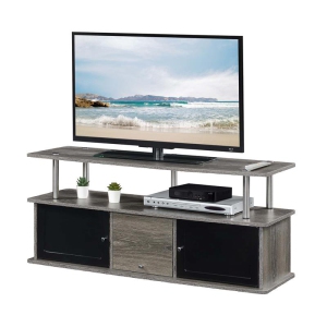 Designs2Go Meuble TV avec trois armoires de rangement et étagère en bois gris moyen