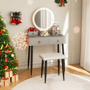 Costway Vanity Makeup Dressing Table Stool Set 3-Color ighted Mirror W/Drawers