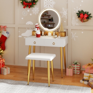Costway Vanity Makeup Dressing Table Stool Set 3-Color ighted Mirror W/Drawers