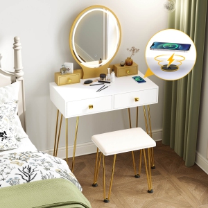 Costway Industrial Vanity Makeup Dressing Table Padded Stool Set 3-Color Lighted Mirror