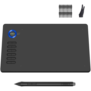 Drawing Tablet A15 10x6 inch Graphics Pen Tablet with Battery-Free Passive Stylus and 12 Shortcut Keys (Blue)