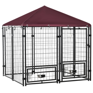 PawHut Outdoor Dog Kennel, Run, Large Wire Steel Fence, Lockable Pet Playpen Enclosure, with Water-, UV-Resistant Canopy Top, Door, Rotating Bowl Holders, 4.6ft x 4.6ft x 5ft, Red