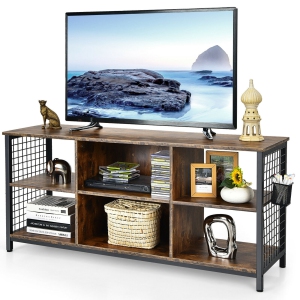 Gymax Meuble TV à 3 niveaux pour téléviseurs jusqu'à 65 po Centre de divertissement avec panier de rangement