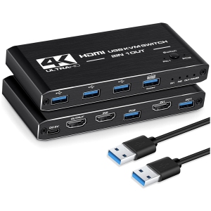 NIERBO 4K@60Hz USB Switch 2x1 HDMI2.0 Ports + 4X USB KVM Ports, Share 2 Computers to one Monitor, Supports Hotkey Switch, Wireless Keyboard and Mouse, USB Disk, Printer, USB Camera