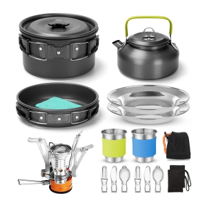 NIERBO 16pcs Camping Cookware Set with Folding Camping Stove, Non-Stick Lightweight Pot Pan Kettle Set with Stainless Steel Cups Plates Forks Knives Spoons for Camping Backpacking Outdoor Picnic