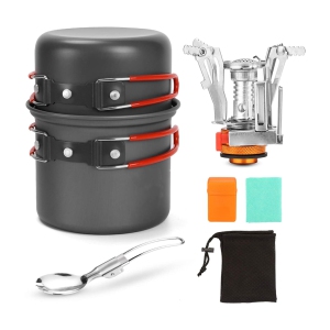 NIERBO 6pcs Camping Cookware Mess Kit with Lightweight Pot, Stove, Spork and Carry Mesh Bag, Great for Backpacking Outdoor Camping Hiking and Picnic