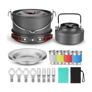 NIERBO 22pcs Camping Cookware Mess Kit, Large Size Hanging Pot Pan Kettle with Base Cook Set for 4, Cups Dishes Forks Spoons Kit for Outdoor Camping Hiking Picnic