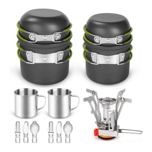 NIERBO 16pcs Camping Cookware Mess Kit, Lightweight Pot Pan Mini Stove with 2 Cups, Fork Spoon Kits for Backpacking, Outdoor Camping Hiking and Picnic