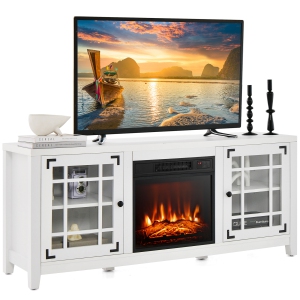 Costway Meuble TV de 58 pouces pour téléviseurs jusqu'à 65 pouces avec foyer électrique de 1400W Noir/Naturel/Blanc