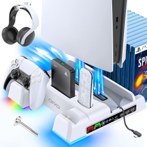 PS5 Stand with Suction Cooling Fan and Dual Controller Charger Station for Playstation 5 PS5 Console, Suction Cooler Fan 2 IN1 Cable Included