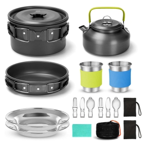 NIERBO 15pcs Camping Cookware Mess Kit, Non-Stick Lightweight Pot Pan Kettle Set with Stainless Steel Cups Plates Forks Knives Spoons for Camping, Backpacking, Outdoor Cooking and Picnic