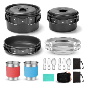 NIERBO 15pcs Camping Cookware Mess Kit, Non-Stick Lightweight Pots Pan Set with Stainless Steel Cups Plates Forks Knives Spoons for Camping, Backpacking, Outdoor Cooking and Picnic