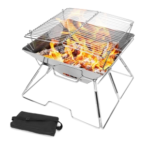NIERBO Folding Campfire Grill, Camping Fire Pit, Outdoor Wood Stove Burner, 304 Premium Stainless Steel, Portable Camping Charcoal Grill with Carrying Bag for Backpacking Hiking Travel Picnic BBQ