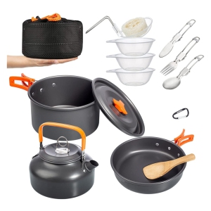 NIERBO Camping Cookware Mess Kit, Portable Camping Cooking Set for Backpacking, Outdoor Hiking and Picnic Pot Pan Folding Spork Knife Spoon Kit