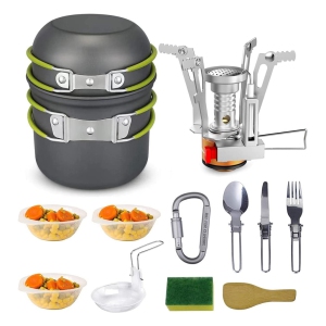 NIERBO 13pcs Camping Cookware Mess Kit Backpacking Stove Camping Pots and Pans Set Carabiner Folding Knife Fork Spoon Kit Carry Mesh Bag for Overnight Backpacking Trip Hiking Picnic
