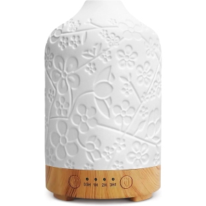Ceramic Aromatherapy Essential Oil Diffuser 100ml Ultrasonic Aroma Oil Diffuser Humidifier Whisper Quiet Timer Setting Colorful LED Lights Changing for Home Office (Flower)