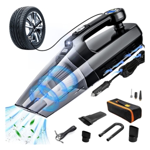 Car Vacuum Cleaner Tire Inflator,4-in-1 Portable Vacuum Cleaner for Car - with LCD Display and LED Light 12V DC Wet/Dry Wet/Dry Handheld Cleaner (Digital Display)