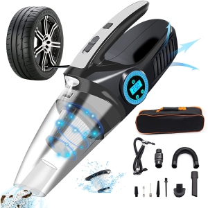 NIERBO Portable Car Vacuum Inflate Cleaner, 4-in-1 Vacuum Powerful Suction for Car, Car Vacuum with Digital Tire Pressure Gauge LCD Display and LED Light, 12V DC Dry/Wet Cleaner, 14.8 FT Cord