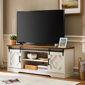 WAMPAT Farmhouse TV Stand with Sliding Barn Door, Adjustable Shelf and Cabinets for TVs Up to 65", White&Oak, Wood, 59"