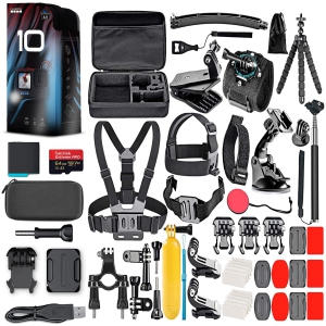 GoPro HERO10 Black MEGA Bundle - GoPro HERO 10 Black W/ 2 Gopro Battery + The Handler Tripod + Compact Case + Travel Case & +50 Action Camera Accessory - OPEN BOX
