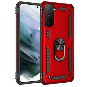 Samsung Galaxy S21 FE 5G Red Military Grade 360 Degree Rotating Metal Magnetic Ring Car Mount Holder Kickstand Shockproof Heavy Duty Cover