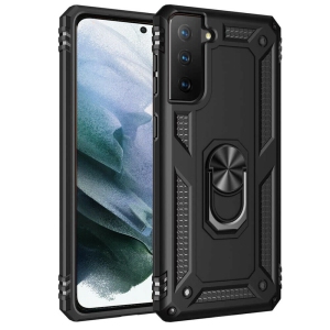 Samsung Galaxy S21 FE 5G Black Military Grade 360 Degree Rotating Metal Magnetic Ring Car Mount Holder Kickstand Shockproof Heavy Duty Cover