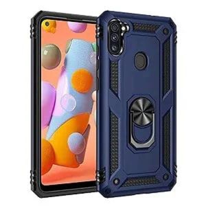 Samsung Galaxy A11 Case Navy Blue Military Grade 360 Degree Rotating Metal Magnetic Ring Car Mount Holder Kickstand Shockproof Heavy Duty Cover