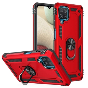 Samsung Galaxy A12 Case Red Military Grade 360 Degree Rotating Metal Magnetic Ring Car Mount Holder Kickstand Shockproof Heavy Duty Cover