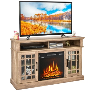 Gymax Meuble TV avec Foyer de 48 po avec Foyer Électrique de 1400 W pour Téléviseurs jusqu'à 50 po, Blanc / Naturel