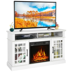 Gymax Meuble TV avec Foyer de 48 po avec Foyer Électrique de 1400 W pour Téléviseurs jusqu'à 50 po, Blanc / Naturel