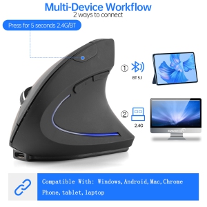 Rechargeable Ergonomic Vertical Mouse Right-Handed | Wireless Bluetooth 5.1 & 2.4G | USB-C Fast Charging | 3 DPI Levels 800/1200/1600 | Silent | Mac Windows Chrome OS
