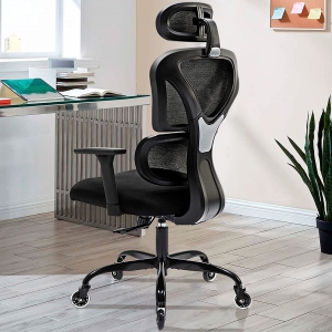 CoolHut Ergonomic Office Chair with Rubber Wheels for Wooden Floor, Breathable Mesh Task Chair, Thick Cushion High Back Computer Chair, Adjustbable Headrest and Lifting Armrests