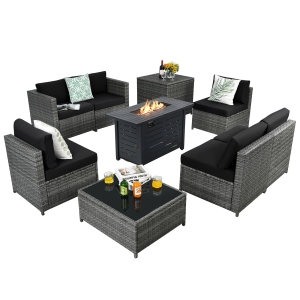 Patiojoy 9 PCS Rattan Dinning Set Wicker Sofa w/Propane Gas Fire Pit 60,000 Btu Heater Grey/Black/Navy/Red/Off White