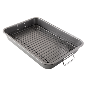 Chef Pomodoro Non-stick Carbon Steel Large Turkey Roasting Pan with Rack, Heavy Duty Oven Roaster, 16 x 11 Inches, Heatproof up to 450 F/ 232 C, Grey