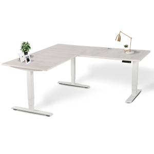EFFYDESK Executive L-Shaped Height Adjustable Home Office Computer Standing Desk with Cable Management Tray (71"×71") Oak White on White Frame
