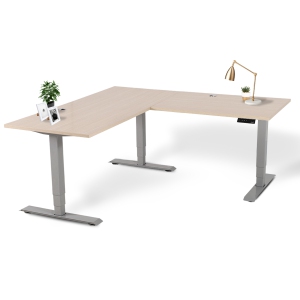 EFFYDESK Executive L-Shaped Height Adjustable Home Office Computer Standing Desk with Cable Management Tray (71"×71") Oak Wood on Grey Frame