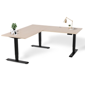 EFFYDESK Executive L-Shaped Height Adjustable Home Office Computer Standing Desk with Cable Management Tray (71"×71") Oak Wood on Black Frame