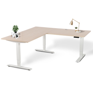 EFFYDESK Executive L-Shaped Height Adjustable Home Office Computer Standing Desk with Cable Management Tray (71"×71") Oak Wood on White Frame