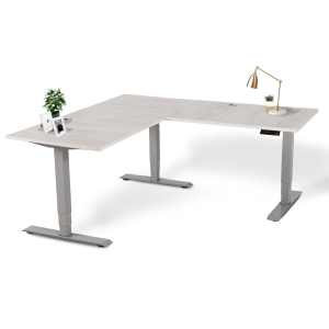 EFFYDESK Executive L-Shaped Height Adjustable Home Office Computer Standing Desk with Cable Management Tray (71"×71") Oak White on Grey Frame