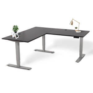 EFFYDESK Executive L-Shaped Height Adjustable Home Office Computer Standing Desk with Cable Management Tray (71"×71") Oak Black on Grey Frame