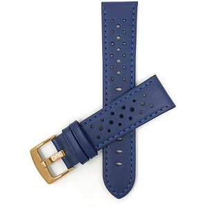 Bandini Mens Perforated Leather Rally Strap Smart Watch Band Strap For Garmin Venu Sq - 20mm, Blue / Gold Buckle