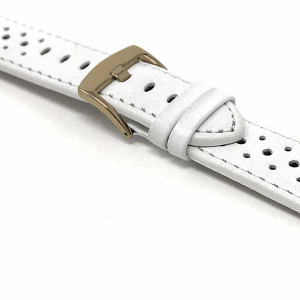Bandini Mens Perforated Leather Rally Strap Smart Watch Band Strap For Garmin Forerunner, Vivoactive 4 - 22mm, White / Gold Buckle