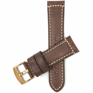Bandini Dressy Mens Leather Smart Watch Band Strap Double Stitch For Garmin Forerunner, Vivoactive 4 - 22mm, Brown / Gold Buckle