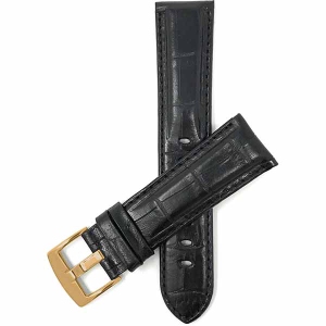 Bandini Mens Leather Alligator Pattern Smart Watch Band Strap For Garmin Forerunner, Vivoactive 4 - 22mm, Black / Gold Buckle