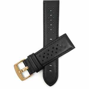 Bandini Mens Perforated Leather Rally Strap Smart Watch Band Strap For Garmin Forerunner, Vivoactive 4 - 22mm, Black / Gold Buckle